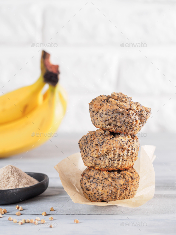 banana muffins with buckwheat flour and poppy seeds - Stock Photo - Images