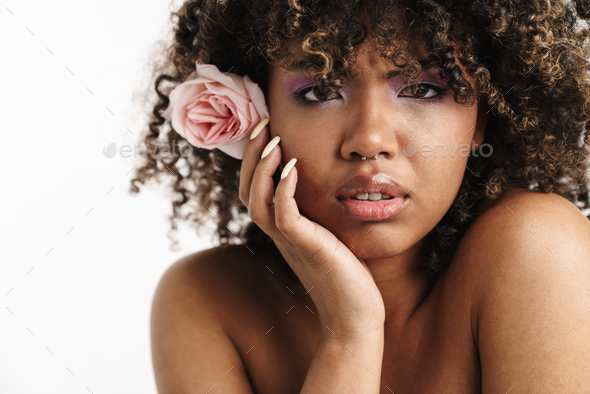 Beautiful Sensual African American Girl With Rose Posing At Camera Stock Photo By Vadymvdrobot