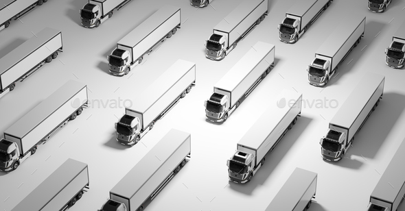 Fleet of new heavy trucks on white. Transport, shipping industry