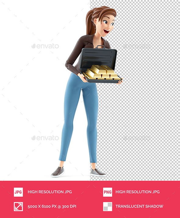 [DOWNLOAD]3D Cartoon Woman Holding Briefcase full of Gold Bars