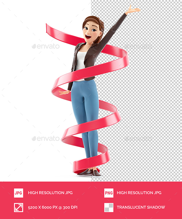 3D Happy Cartoon Woman Surrounded by Ribbon