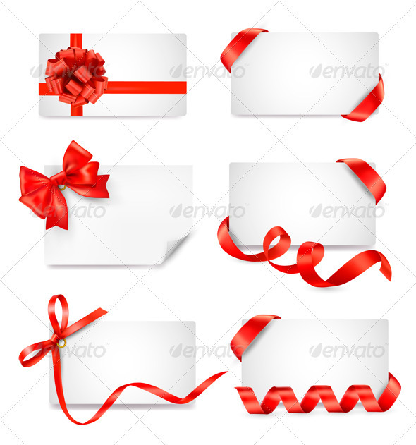 Set of card notes with red gift bows with ribbons - Decorative Symbols Decorative
