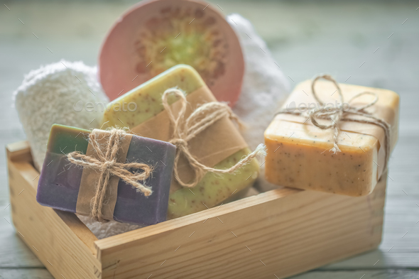 handmade soap in wooden box