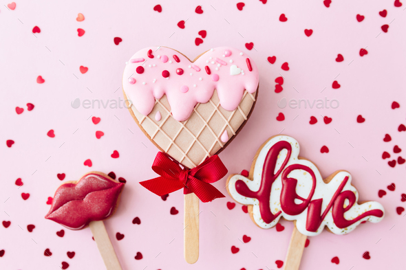Gingerbread cookies love, lips, heart ice cream. Valentine card. Pink background
