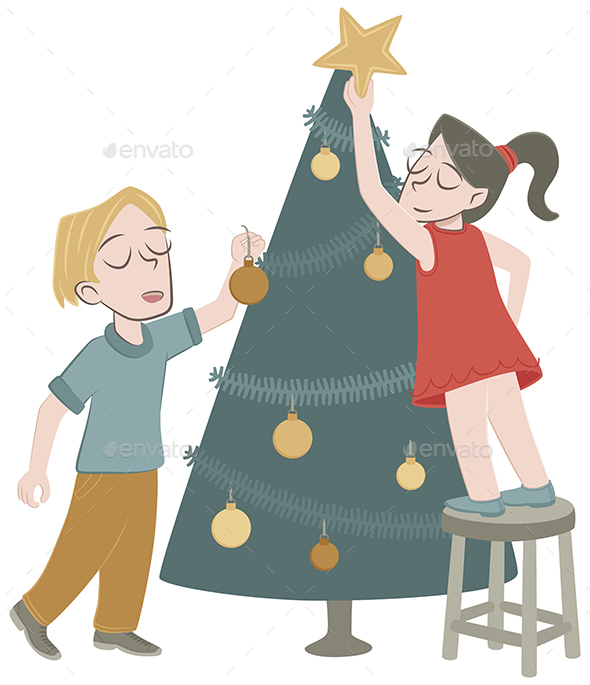 Two Children Decorate a Christmas Tree by javieruiz | GraphicRiver