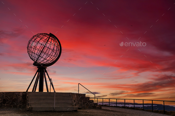 Symbolic Globe At The North Cape At Sunset. Nordkapp, Norway Stock ...