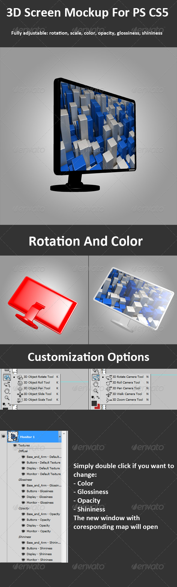 3D Screen-Monitor Mockup For PS CS5, 3D Options - Monitors Displays