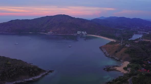 Aerial view of Promthep Cape viewpoint at sunset with Andaman sea in Thailand alt