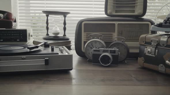 Collection of vintage objects and record player