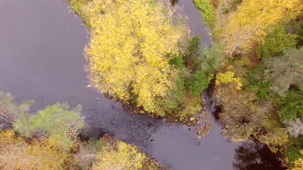Drone descending above a beautiful river in autumn. alt