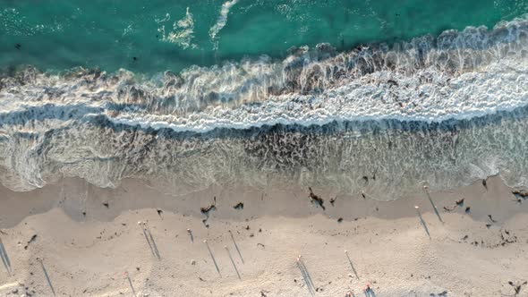 High Angle Top Down View of Blue Waves Crashing on a Pearly White Beach