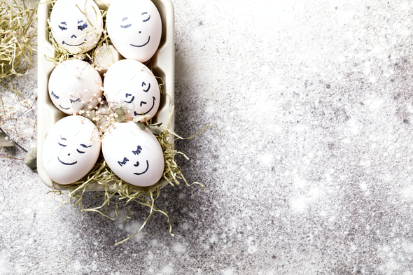 Easter eggs . Funny decoration.Eggs with funny faces