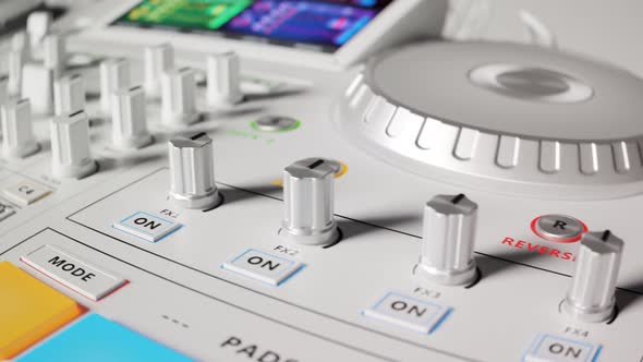 Bright white DJ Set in a looping animation. Music equipment in a studio light 4K