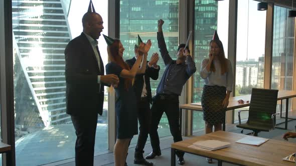 Happy Colleagues Celebrating Birthday at the Modern Coworking Office. Serpentine, Pipes. alt