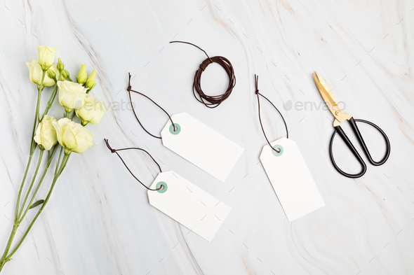 Blank branding tag mockup. Tags for price, gift, sale, address label with floral elements