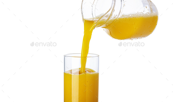 Orange juice pouring from pitcher into glass isolated on white background  Stock Photo by xamtiw