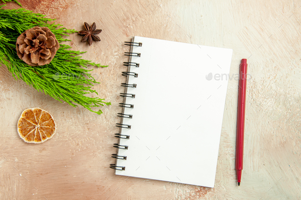 top view empty open notepad with green branch on light-white background copybook xmas new year photo