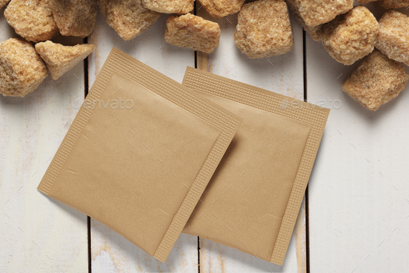 Download Blank Brown Paper Square Sachet And Sugar Cubes On Plank Tabletop 3d Rendering And Photo Stock Photo By Ha4ipuri