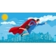 Superhero Businesswoman Flying Over Cityscape