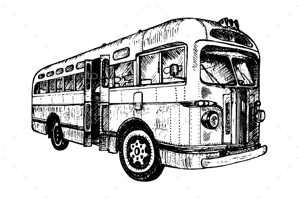 Vintage City Bus Doodle Sketch Monochrome Tracing Vector Illustration