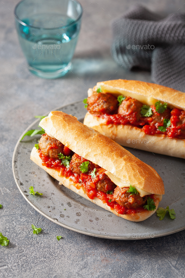 meatball sub sandwich with cheese and marinara tomato sauce. american italian fast food