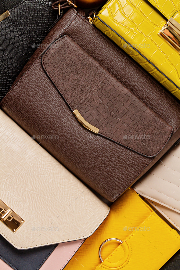 Flat lay with collection of woman handbags. Shopping, fashion look, online beauty blog, sale idea