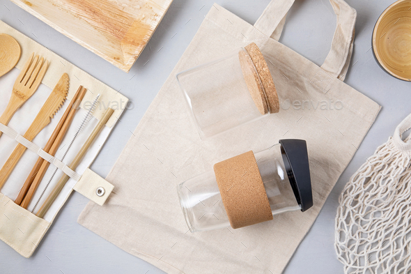 Zero waste kit for lunch, reusable bottle, box and bamboo cutlery Stock  Photo by OksaLy