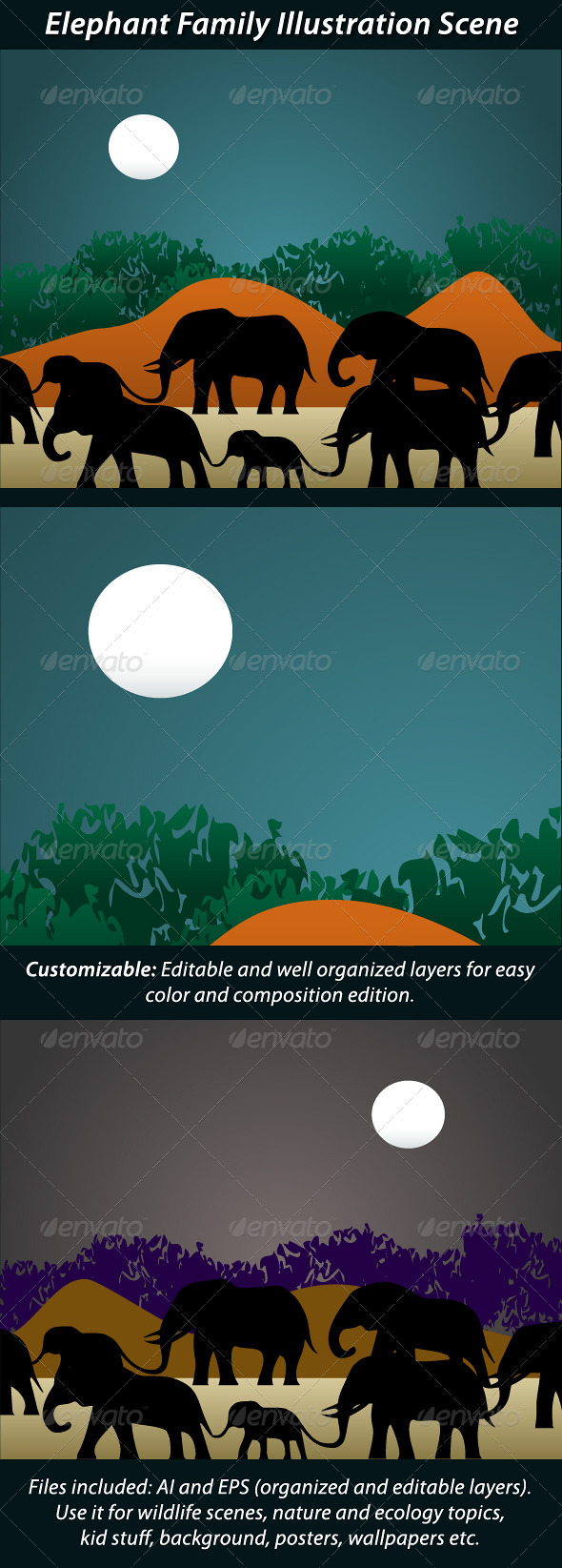 Elephant Family Illustration Scene - Landscapes Nature