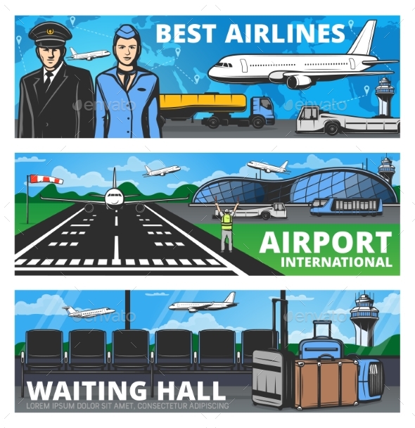 [DOWNLOAD]Aviation and Airport Services Vector Banners Set
