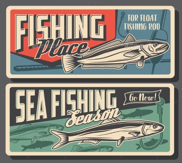 [DOWNLOAD]Hake and Sardine Fish Fishing Vector Retro Banners