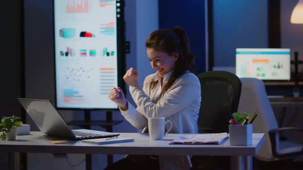 Excited Woman Feel Ecstatic Reading Great Online News on Laptop alt
