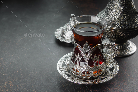 Turkish Tea In Traditional Glasses On Table Traditional Turkish