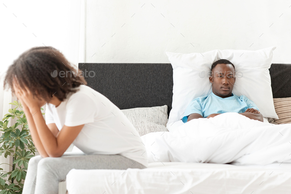 Frustrated lady thinking about relationship problems and cry, thoughtful couple after quarrel