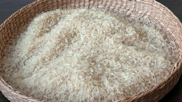 White rice in basket. Organic food rice.