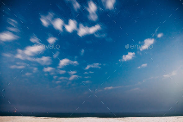 Goa, India. Real Night Sky Stars. Natural Starry Sky In Blue Color Above Indian Ocean Sea Seascape