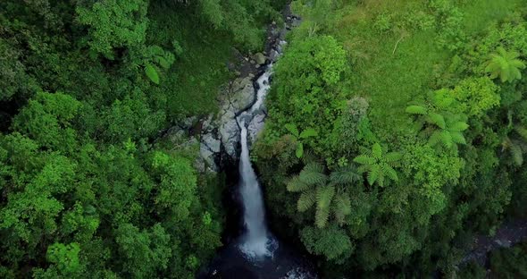 Aerial view from drone flying over nature view of waterfall with surrounding vegetation. nature is s alt