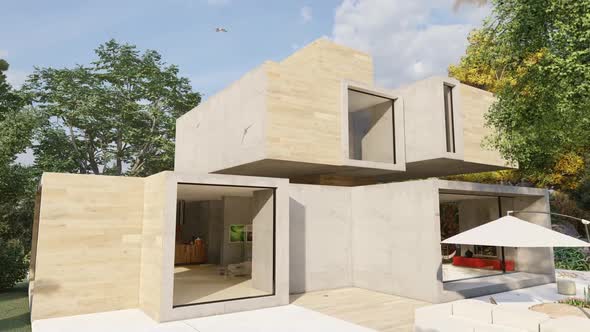 3 D Animation Of A Modern Cubic House With Pool And Garden L C  