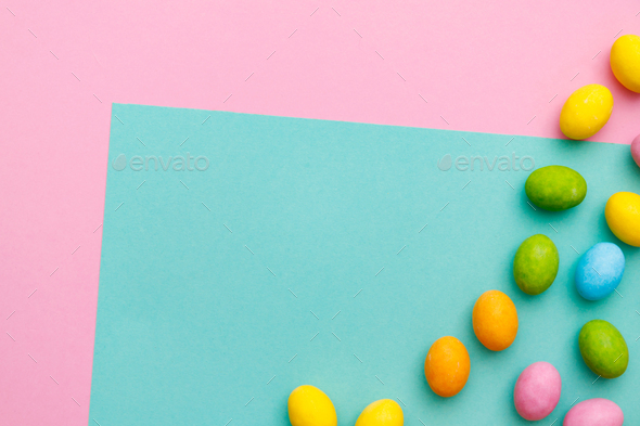 Happy Easter holiday background concept.Flat lay colorful bunny eggs