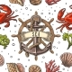 Seamless Pattern Sea Shell Coral Crab and Anchor
