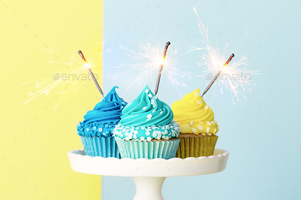 Celebration cupcakes in blue and yellow