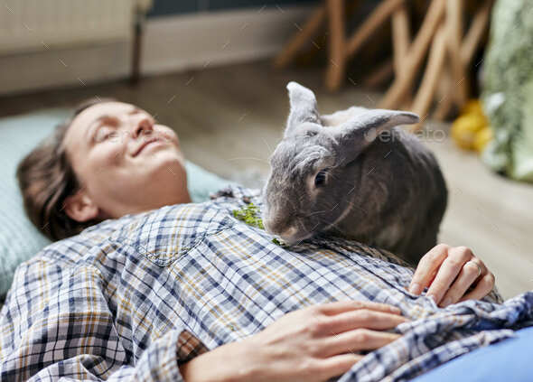Pet house rabbit eating food on top of woman lying on floor