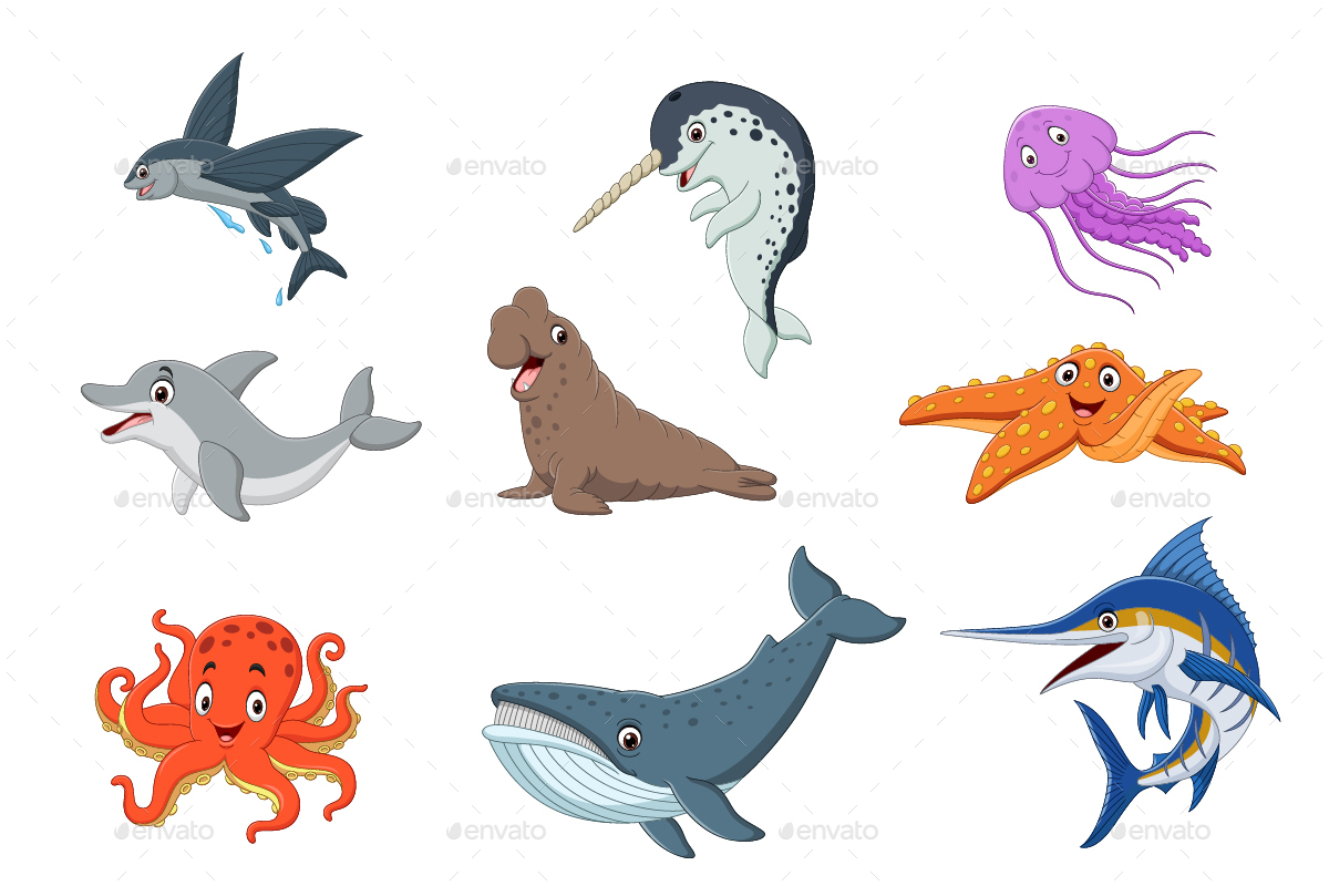 Set of Nineteen Cute Cartoon Ocean Animal by tigatelu | GraphicRiver