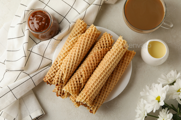 Download Concept Of Tasty Breakfast With Wafer Rolls With Condensed Milk Stock Photo By Atlascomposer