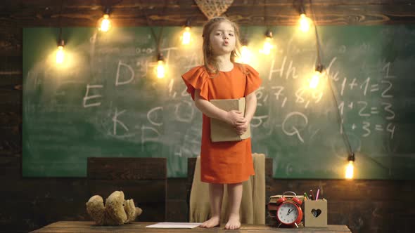 Talented Child, Cute Children at School. Back To School, Funny Little Girl on Blackboard, Kid From alt