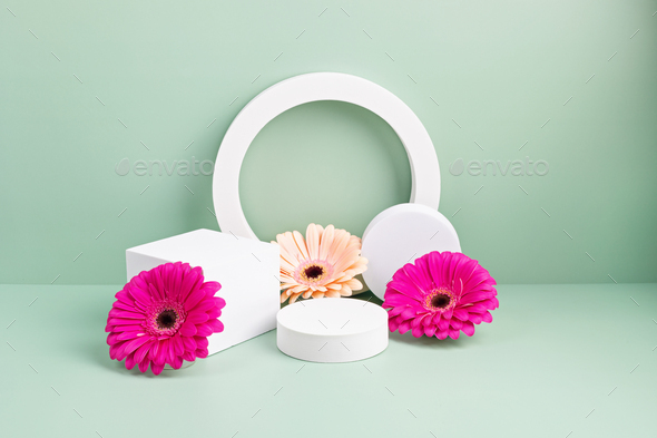 Download Podium Stand For Product Presentation And Spring Flowers Mockup For Branding Packaging Stock Photo By Oksaly