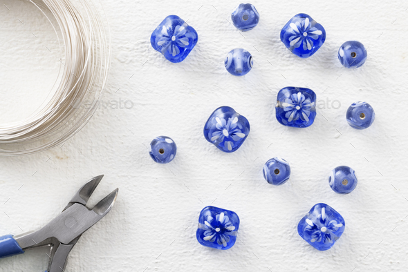 Blue Glass Beads with Wire and Wire Cutters