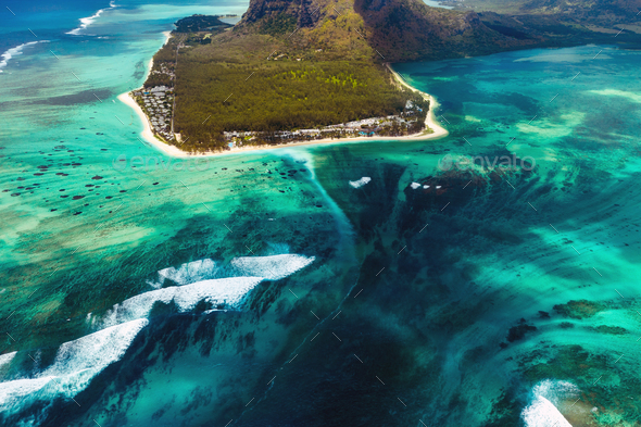 A bird\'s-eye view of Le Morne Brabant, a UNESCO world heritage site.Coral reef