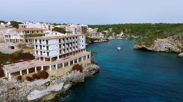 Aerial View of the Fishing Village in Mallorca Spain alt