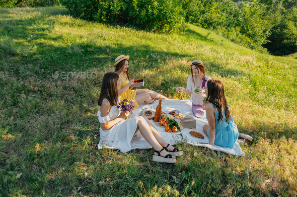 Friends having picnic in the countryside. Group of young women sitting on blanket in park near trees