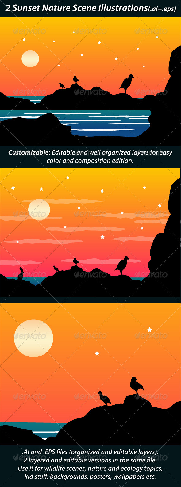 2 Sunset Nature Scene Illustrations - Landscapes Nature
